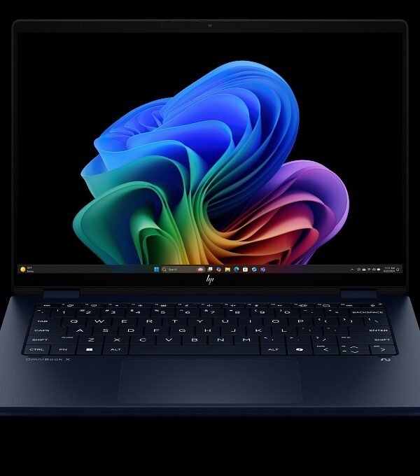 HP OmniBook X Flip 14 2-in-1 laptop with touchscreen open in laptop mode