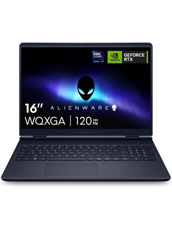 Dell Alienware 16 Aurora gaming laptop in Interstellar Indigo, open with backlit keyboard and 16-inch display